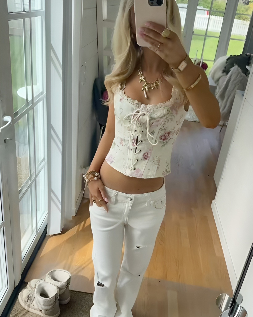 Blommig korsettopp med spets