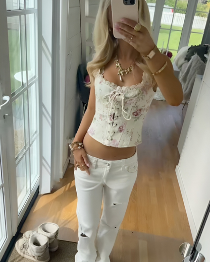 Blommig korsettopp med spets